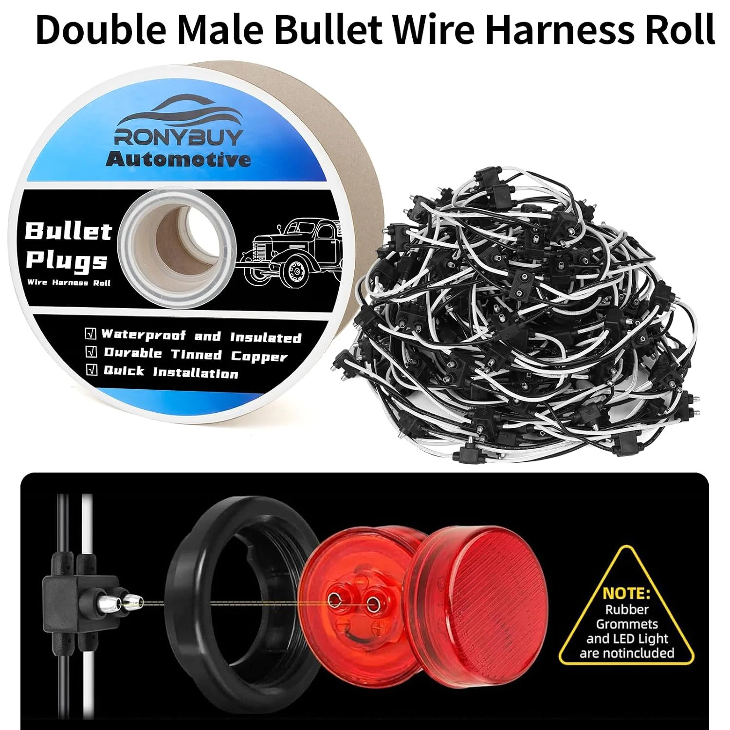 20x 2 Wire Pigtail Double Male Bullet Plugs Roll, 18 Gauge 2 Prong Wire Harness