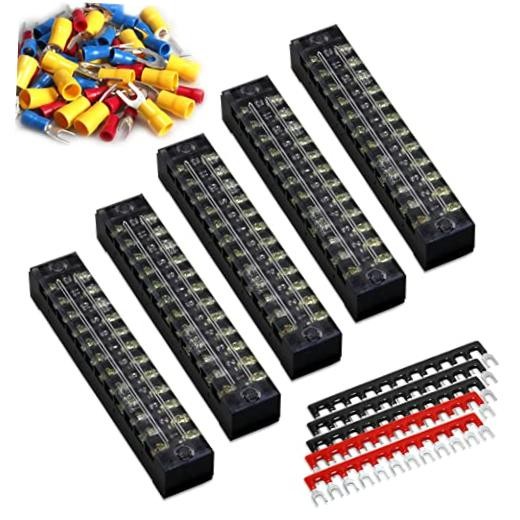 Terminal Block Strip, 12 Circuits 600V 15A, Dual Row Screw, 5 Sets | Dust
