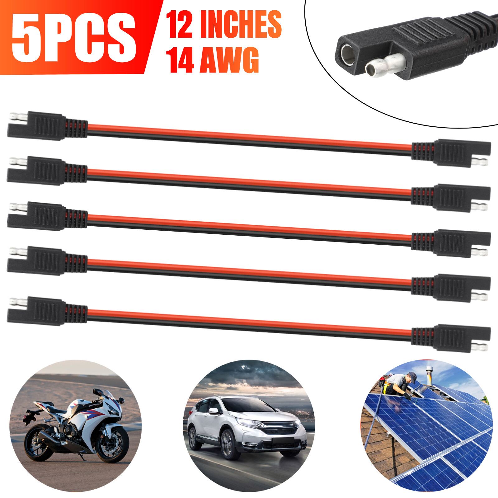 5pcs 14 Gauge 12″ Quick Disconnect Polarized Wire 2 Pin Power Cable Connectors