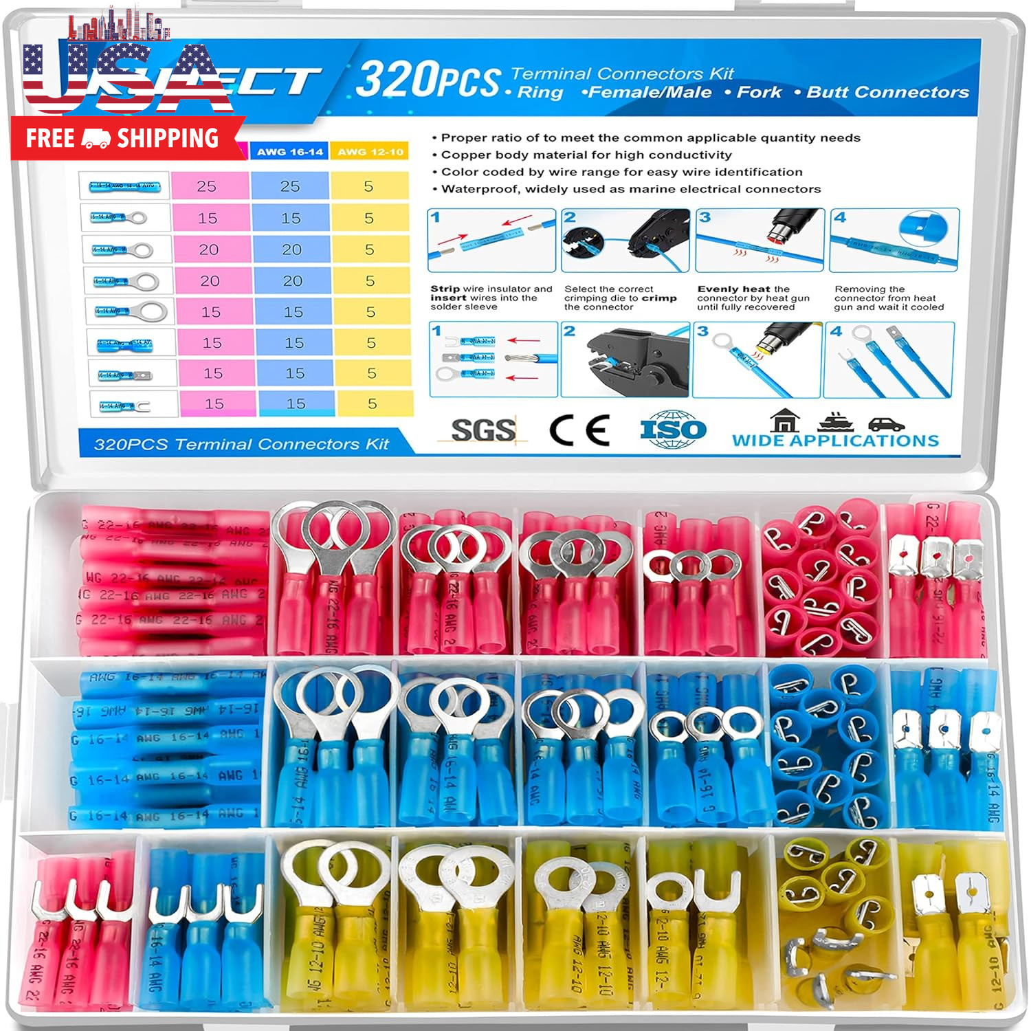 320PCS Heat Shrink Wire Connectors Kit, Electrical Waterproof Crimp Butt Termina