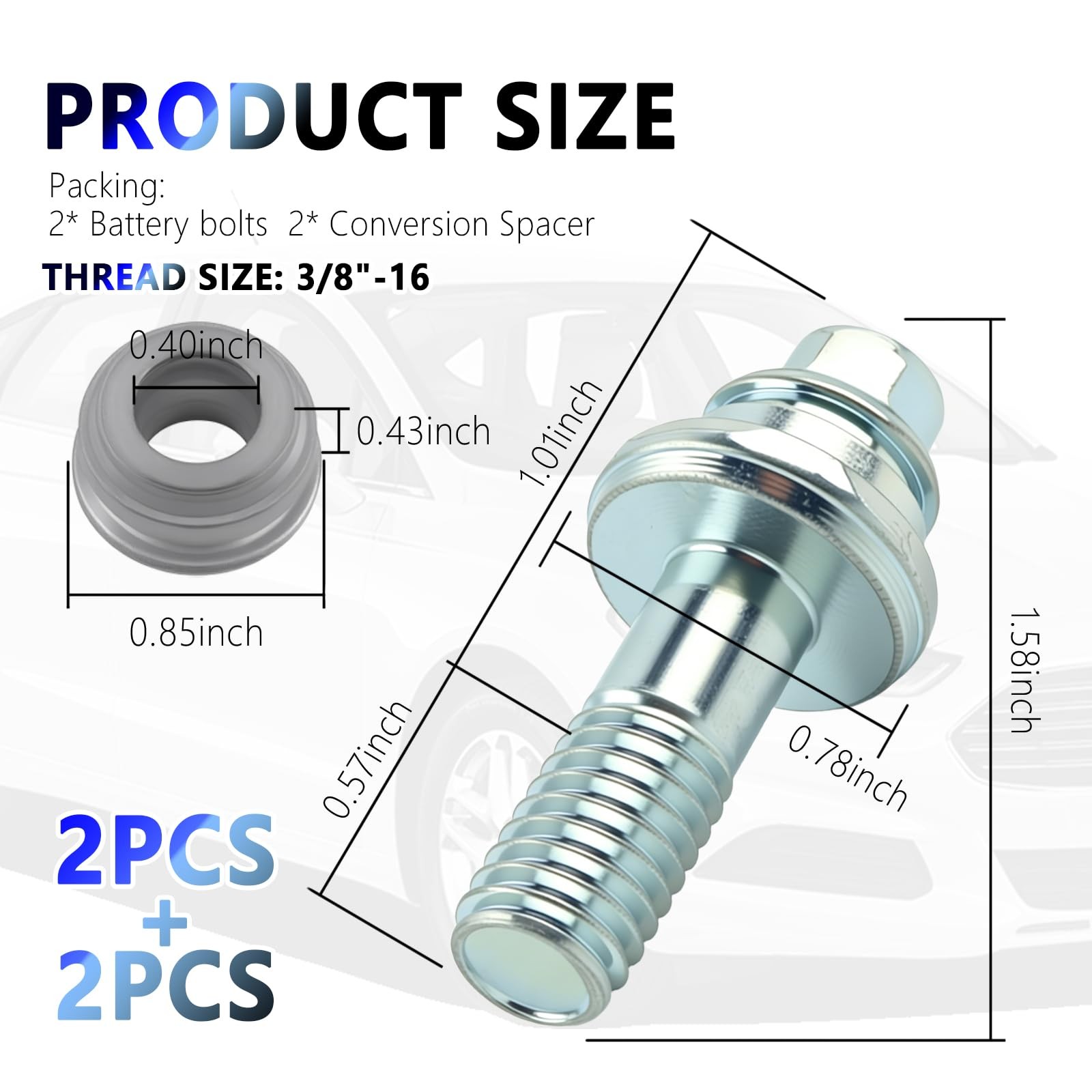 2 PCS 3/8″16 Side Post Battery Terminal Bolts Universal Car Extender Spacer