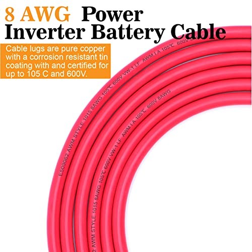 8 Gauge Battery Wire UL1015 Power Tinned AWG 8 Red&Black + 3/8″ 5/16″ lugs