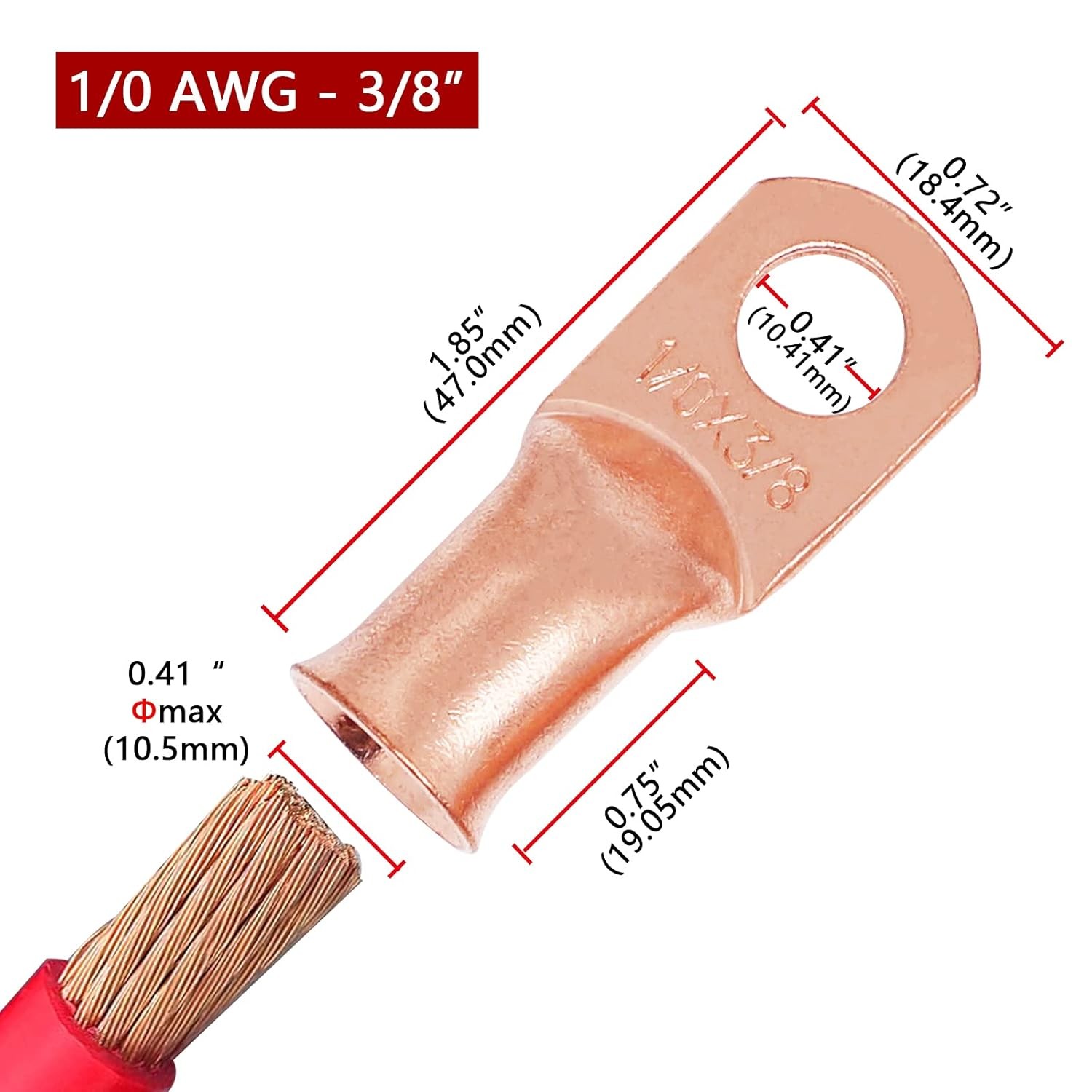 TKDMR 4pcs 1/0 AWG-3/8 Battery Lugs,Heavy Awg – 3/8 (M10) Ring, Copper