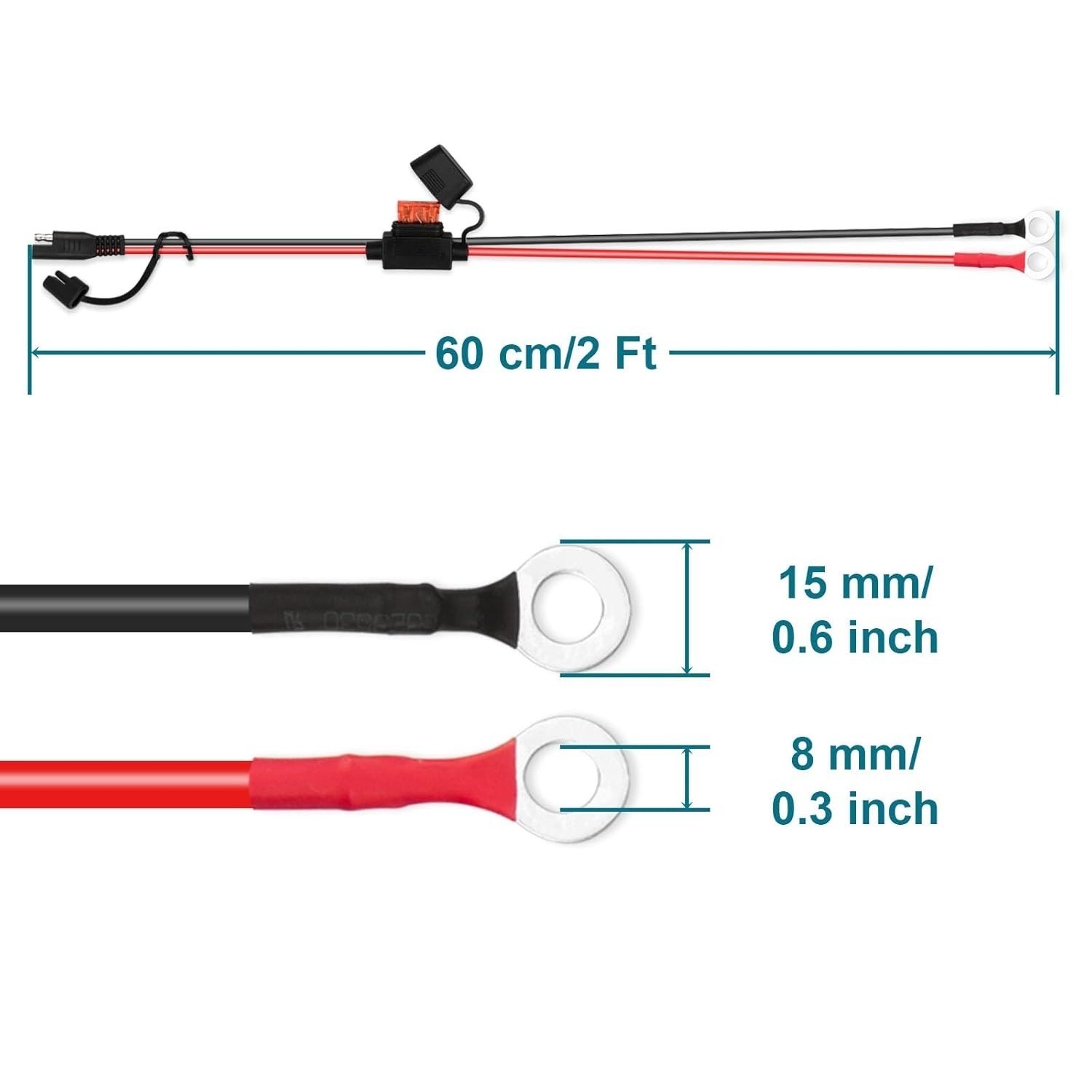 SAE Extension Cable 2FT 10AWG SAE Battery Connector, Ring Terminal Harness Cable