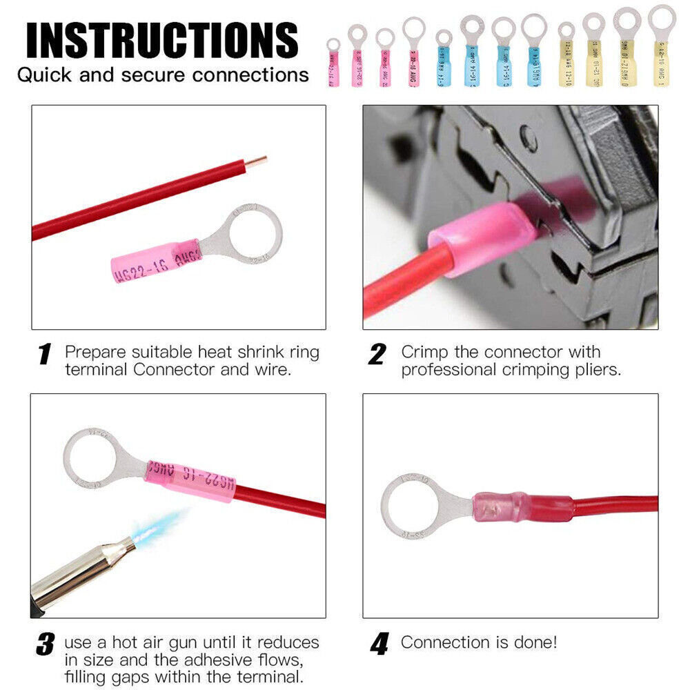 180Pcs Heat Shrink Wire Crimp Connectors Ring Terminals AWG 22-10 Waterproof