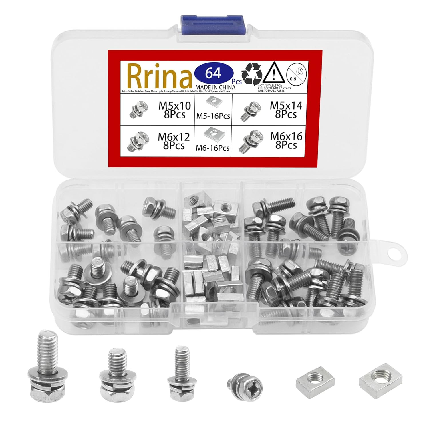 64Pcs Motorcycle Battery Terminal Bolt Kit M5 M6 Square Nut Screw Set Stainless