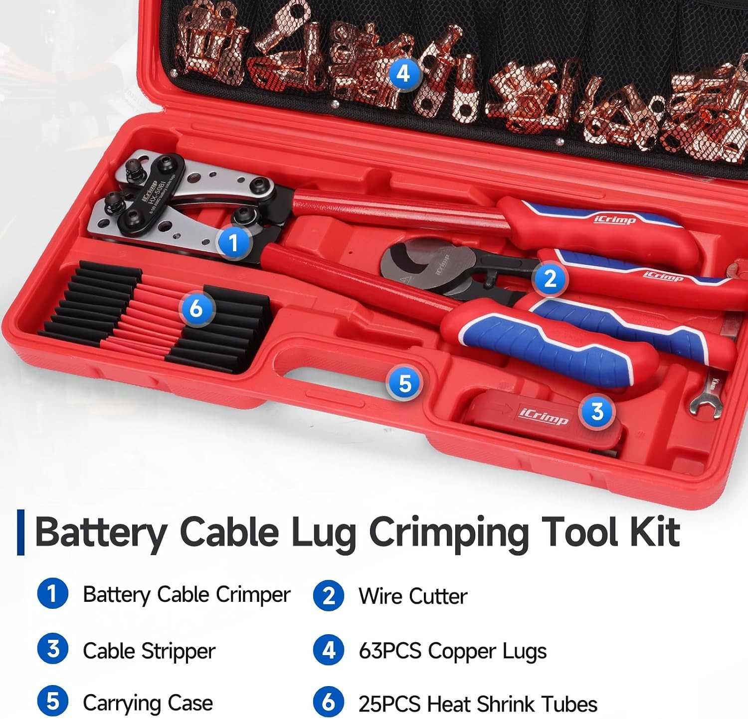 iCrimp Battery Cable Lug Crimper Kit 8-1/0 AWG 63pcs Lugs Tubes