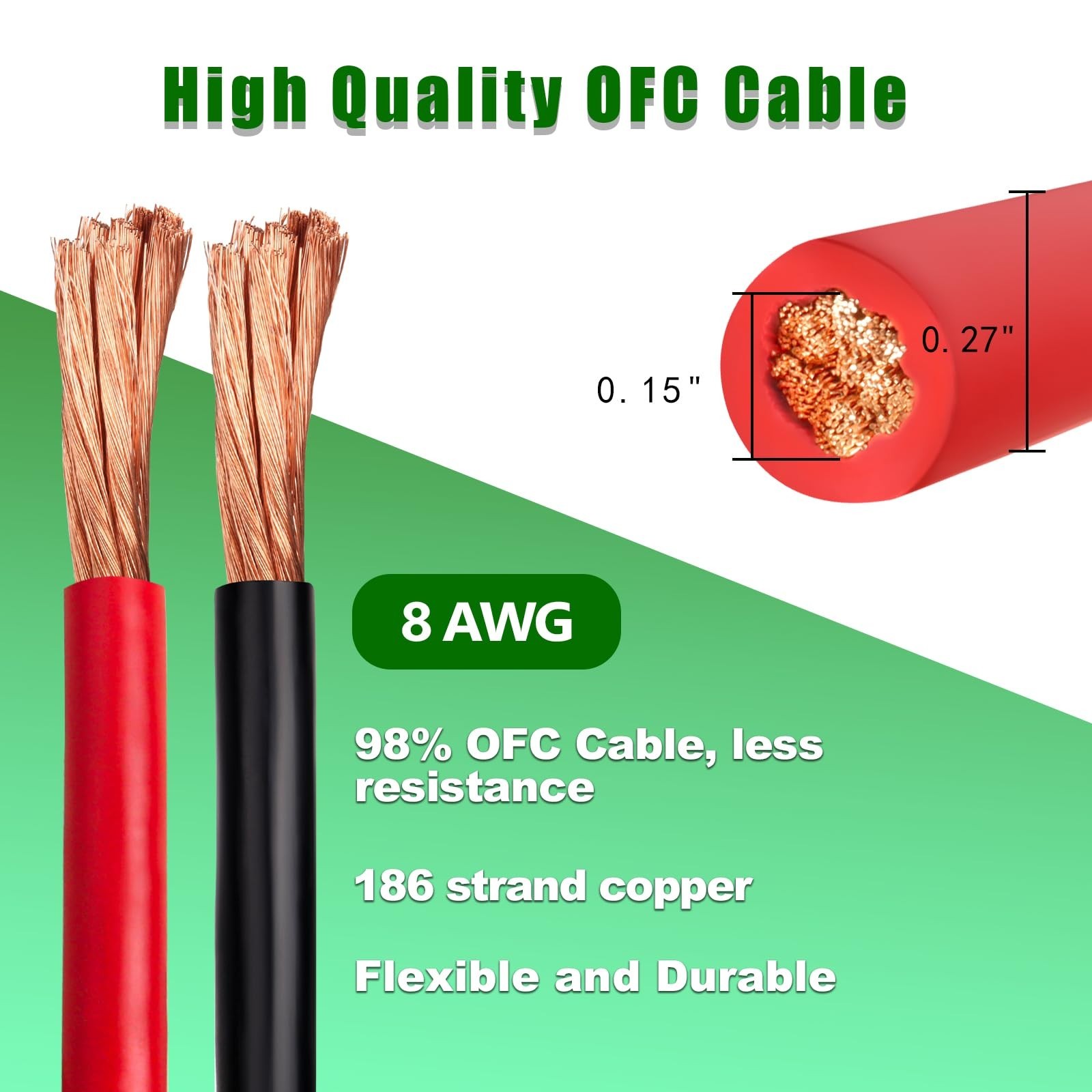 8 AWG 10FT Red & Black Battery Cable, Copper Wire for Automotive, Solar, Marine