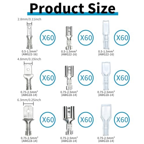360pcs 2.8mm 4.8mm 6.3mm Male and Female Spade Connectors Kit with Silver