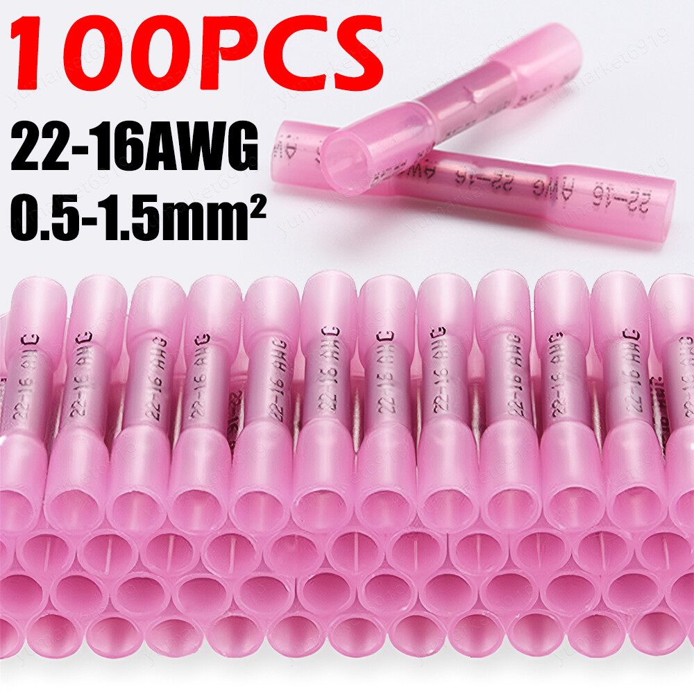 100Pcs 22-16AWG Red Heat Shrink Wire Butt Connectors Waterproof Splice Terminals