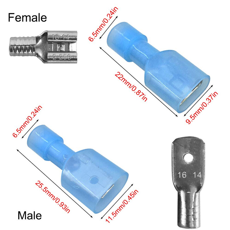 100PCS Male Female Insulated Wire Terminal Spade Crimp Connectors Blue 16-14 AWG