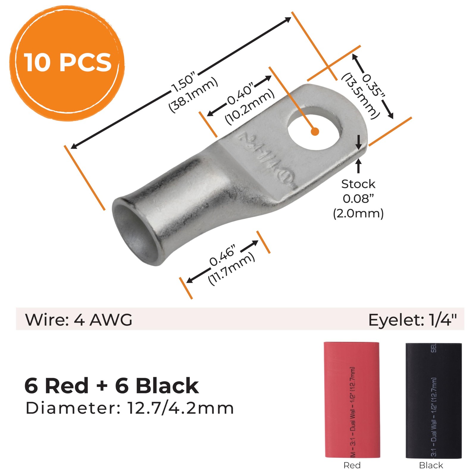 SELTERM 10pcs, 4 4 Awg – 1/4″ (M6) Ring, Tinned Copper Lugs + Heat Shrinks