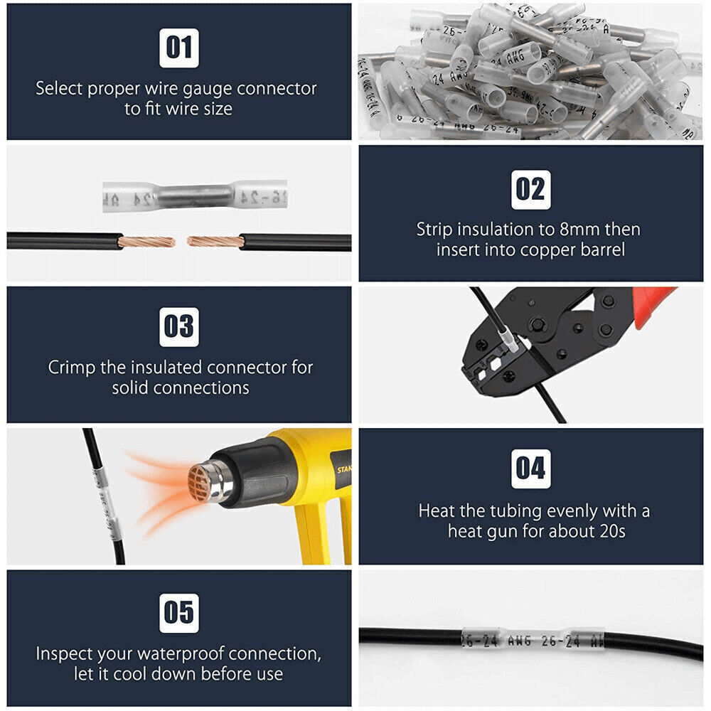 50-200PCS 26-24AWG White Heat Shrink Butt Wire Splice Connector Terminals Crimp