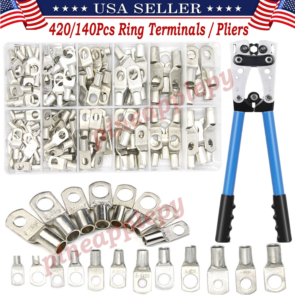 420/140Pcs Cable Lug Copper Ring Crimp Terminal/Plier Car Battery Wire Connector