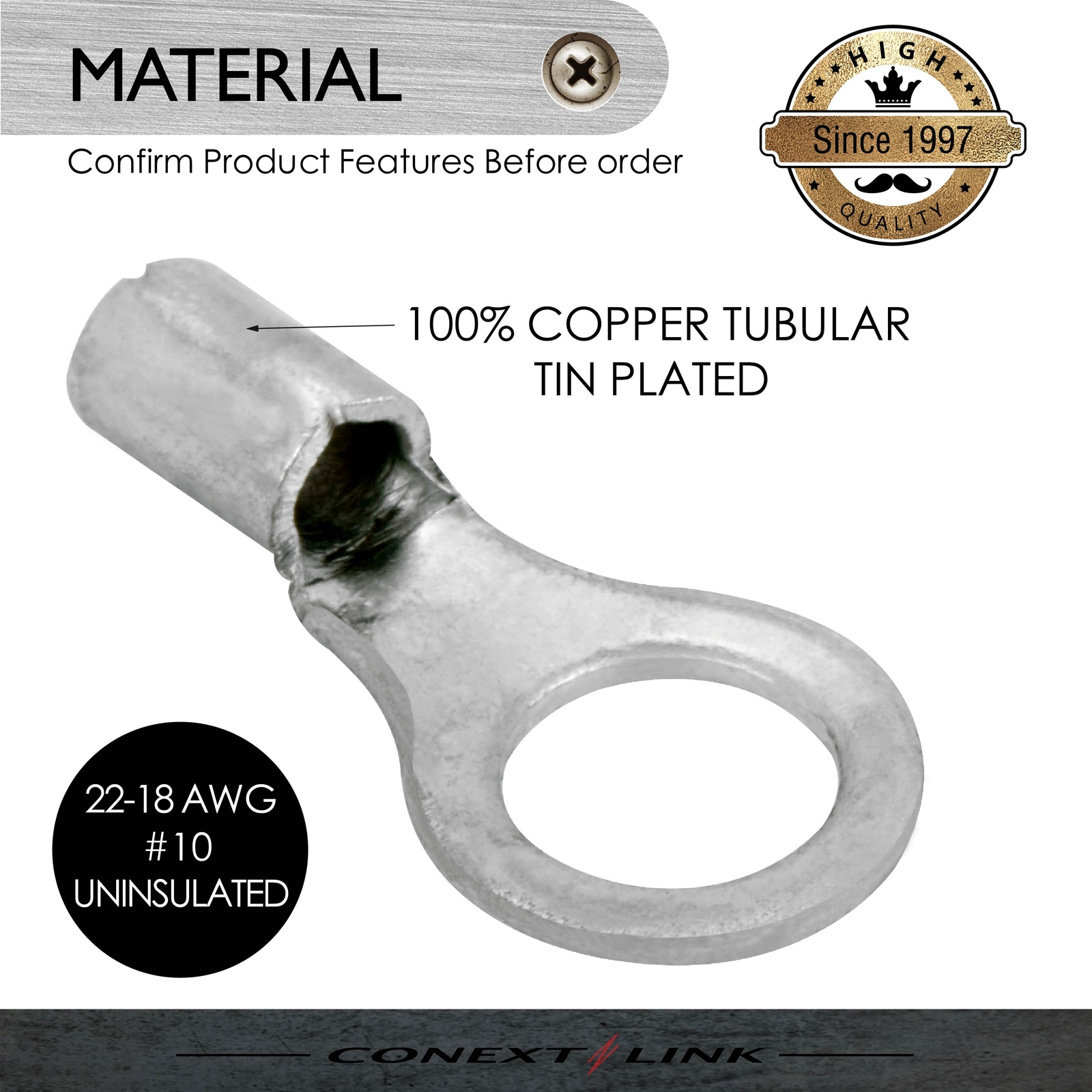 100 Ring Terminal Connector Non-Insulated Uninsulated 22-18 GA AWG Gauge #10