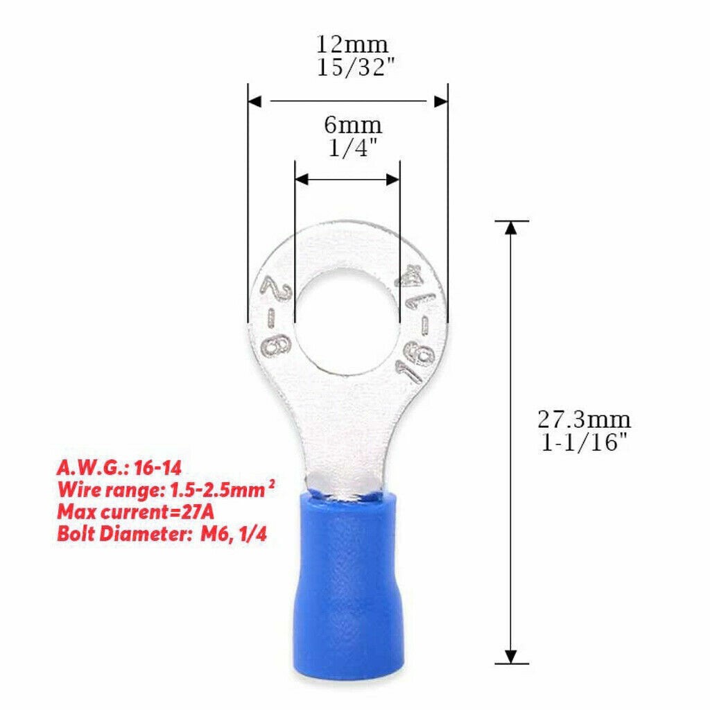 50/200pcs Blue 3-8mm Ring Terminals Crimp Gauge 16-14AWG Wire Connectors