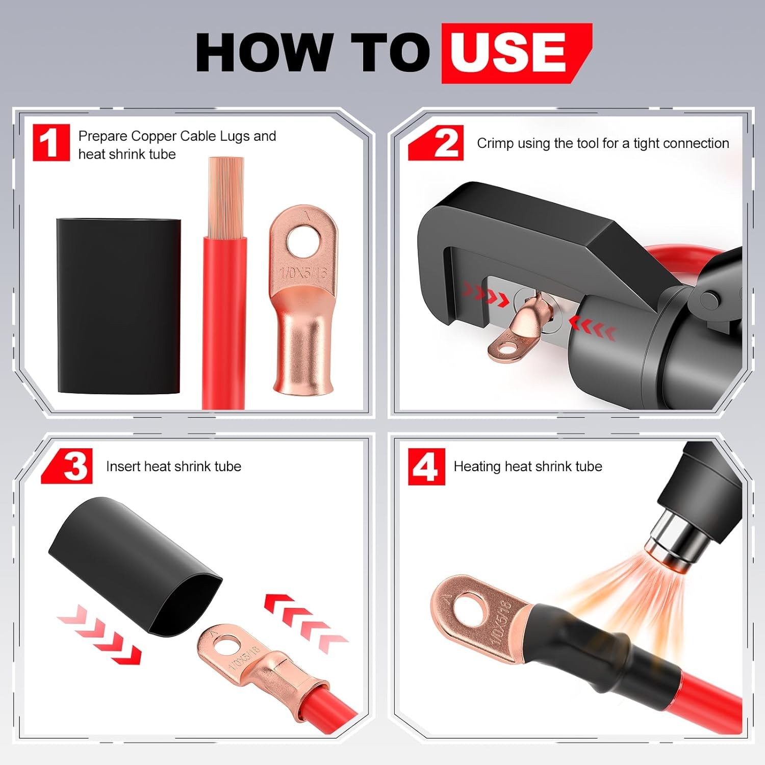 AIRIC 10 PCS UL Listed 1/0 AWG – 3/8″ Battery Cable Lugs, Heat Shrink Ring Termi