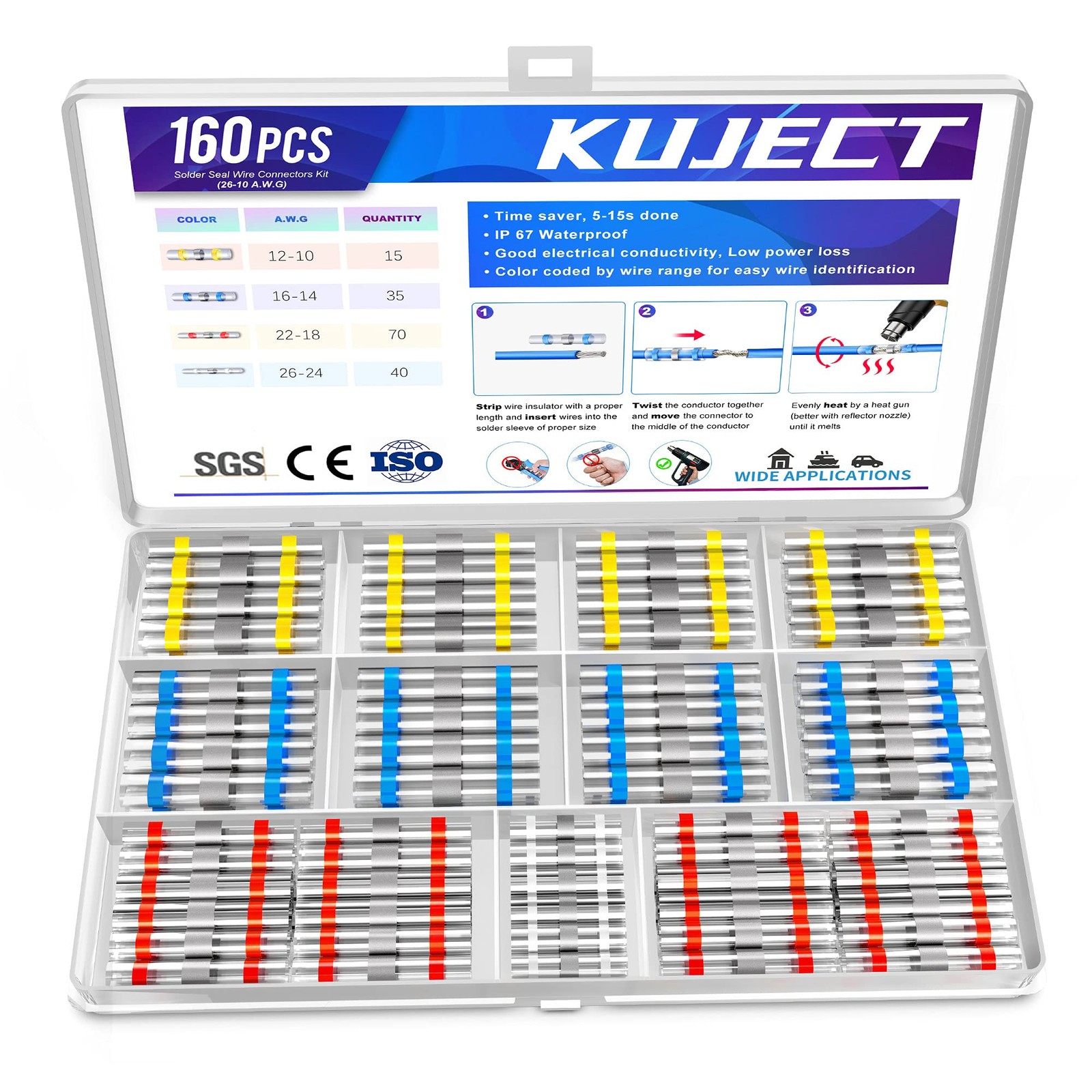 Kuject 160Pcs Solder Seal Wire Connectors Kit, Waterproof Solderless H