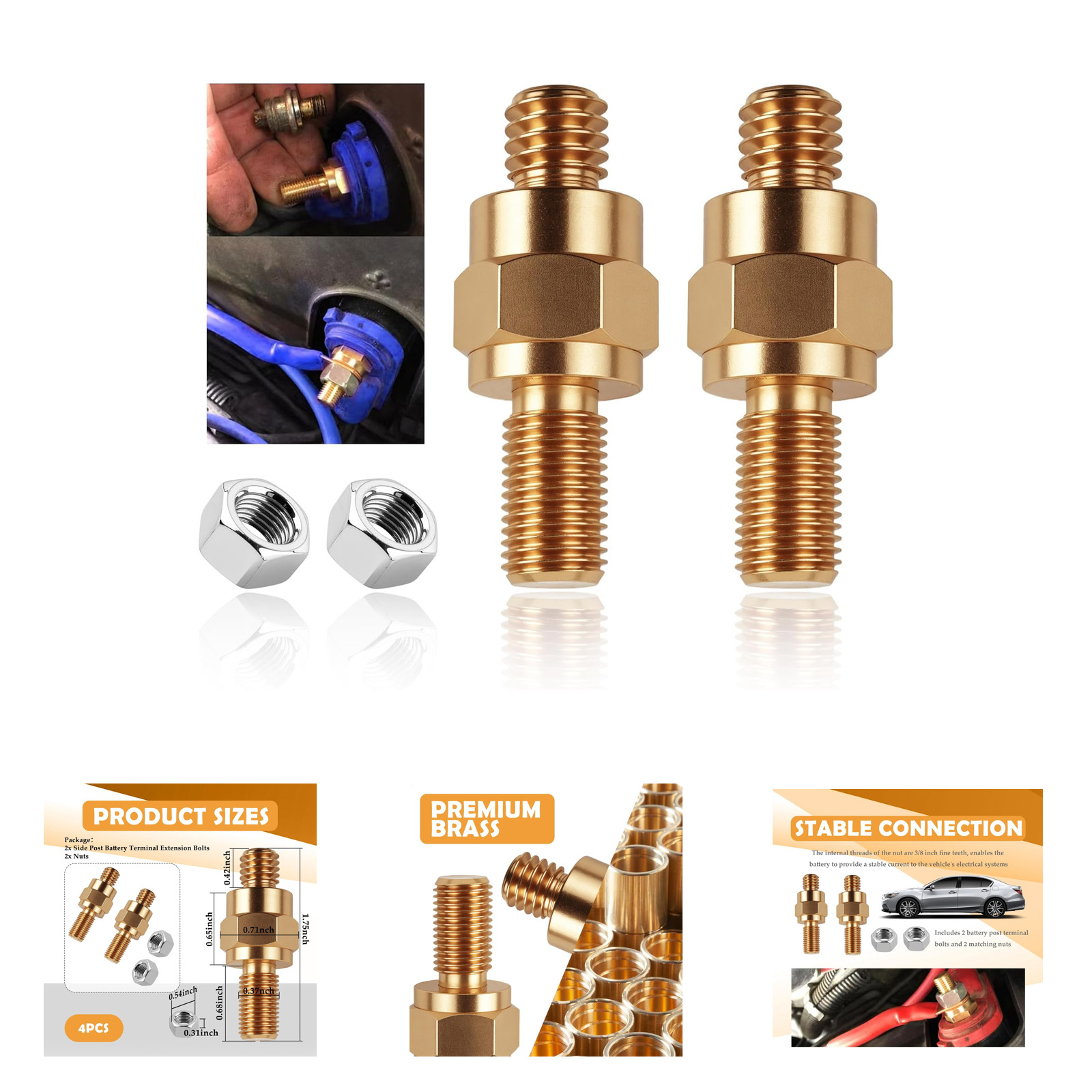 Battery Terminal Bolts Set 3/8 Inch Brass Side Post Connector with Nuts for Car