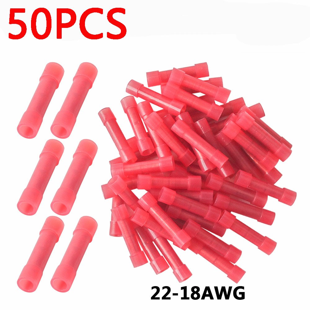 50x Red NYLON 22-18 Ga AWG Gauge Wire Butt Connectors Tin Copper Terminals Alarm