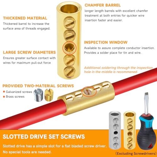 Wire Butt Connectors 6 PCS Brass 6 Gauge Mechanical Splice – Bare Pure Brass
