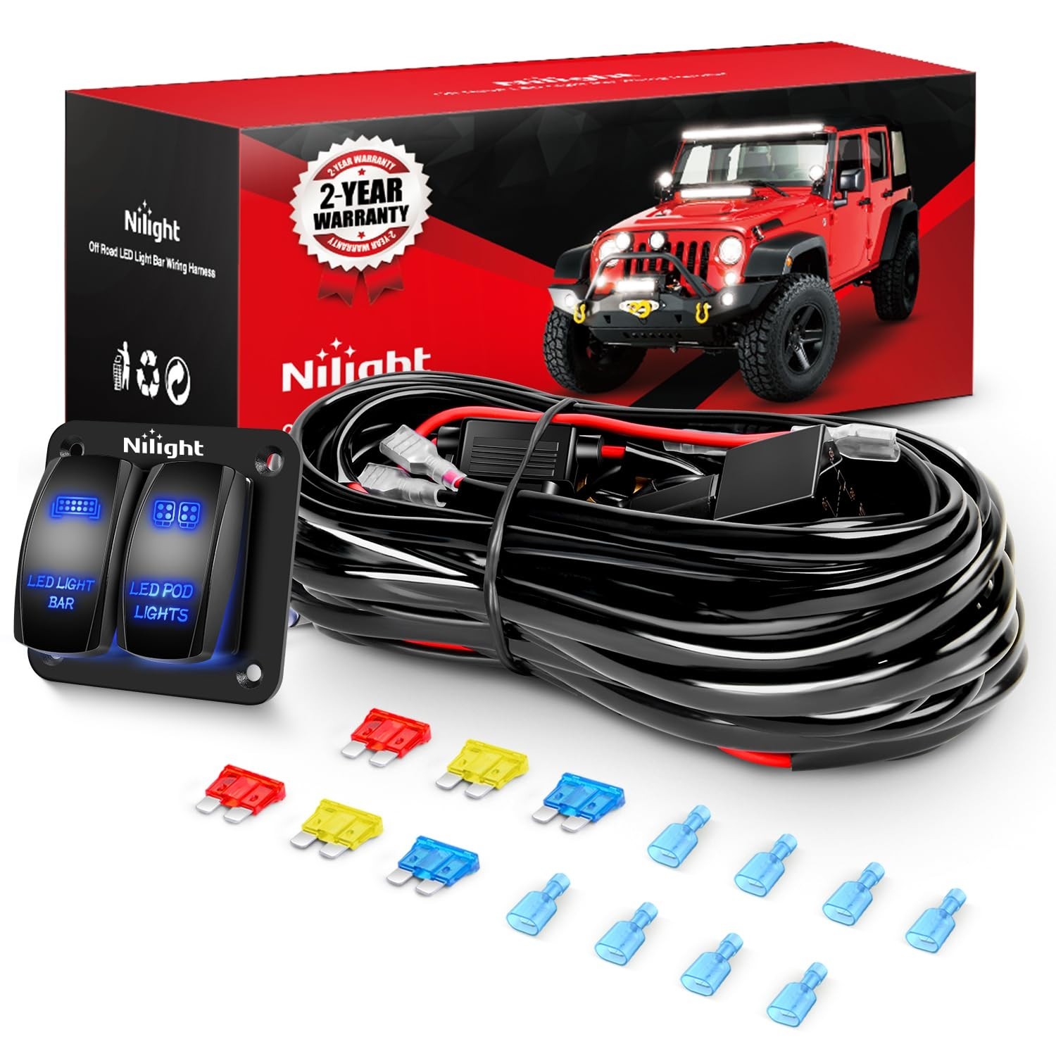 16AWG LED Light Bar Wiring Harness Kit 12V On/Off 2 Gang Rocker Switch Panel Pow