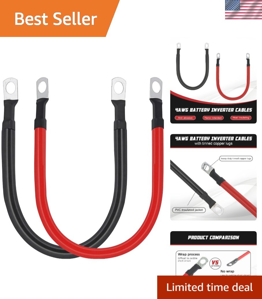 Safe 1FT 4 AWG Copper Battery Cables with Tinned Lugs – Ideal for Automotive Use