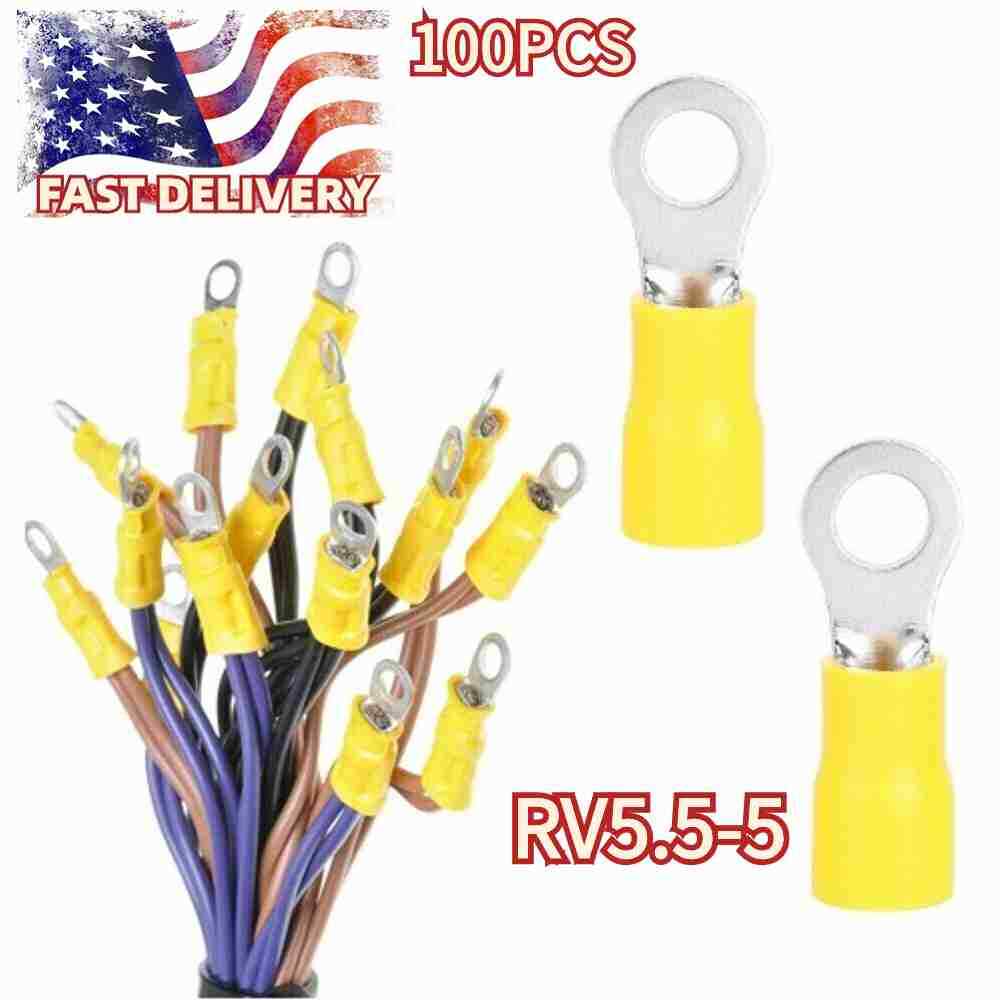 100pcs 12-10 AWG Yellow Copper PVC Tinplate Insulated Crimp Ring Terminal