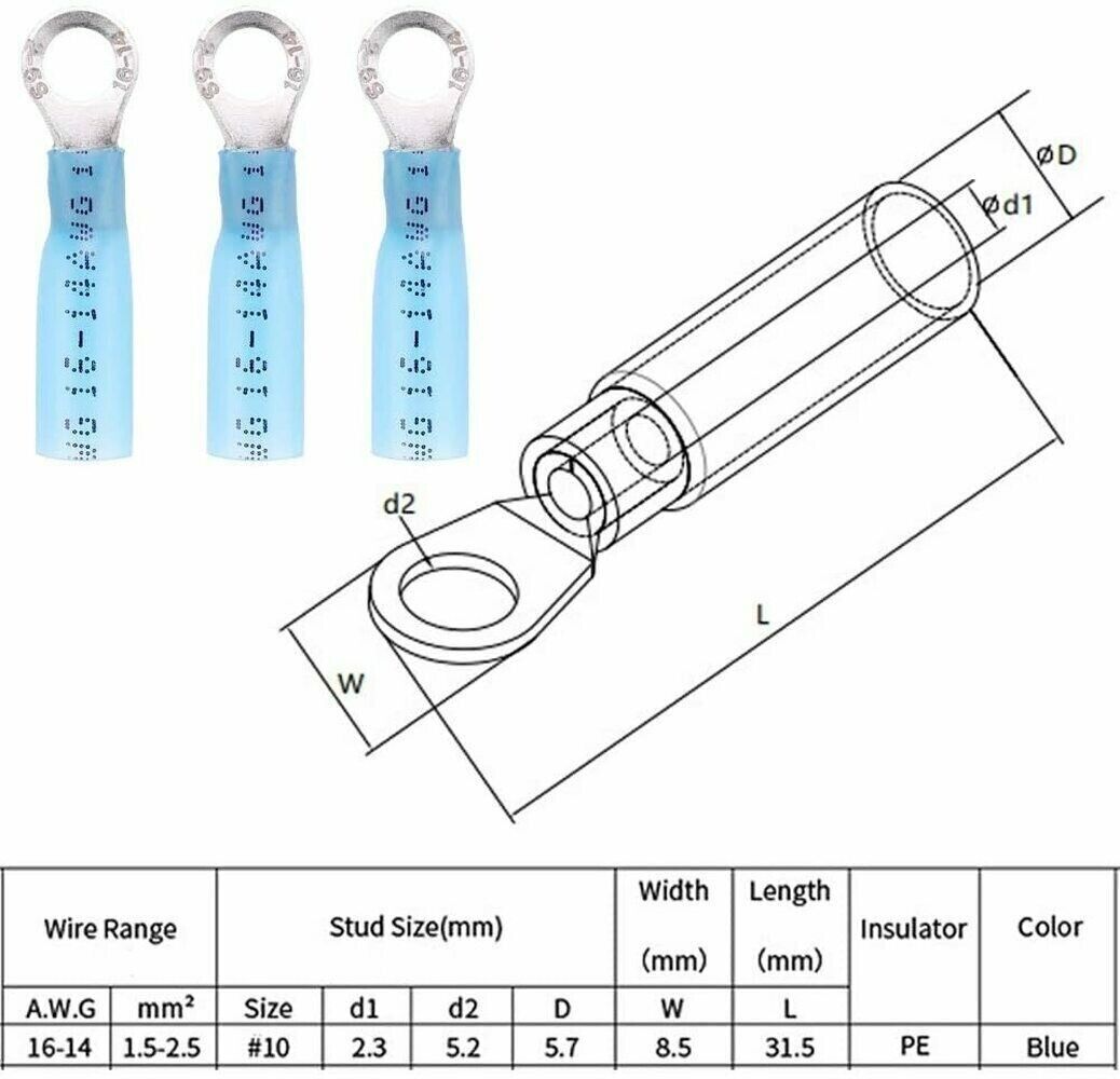 50/200Pcs Ring Eyelet Heat Shrink Wire 16-14AWG Gauge Connectors Terminals Kit