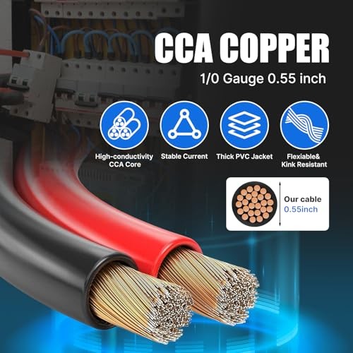 1/0 Gauge Battery Cable,25FT Black + 25FT Red,1/0 Gauge Welding Cable CCA