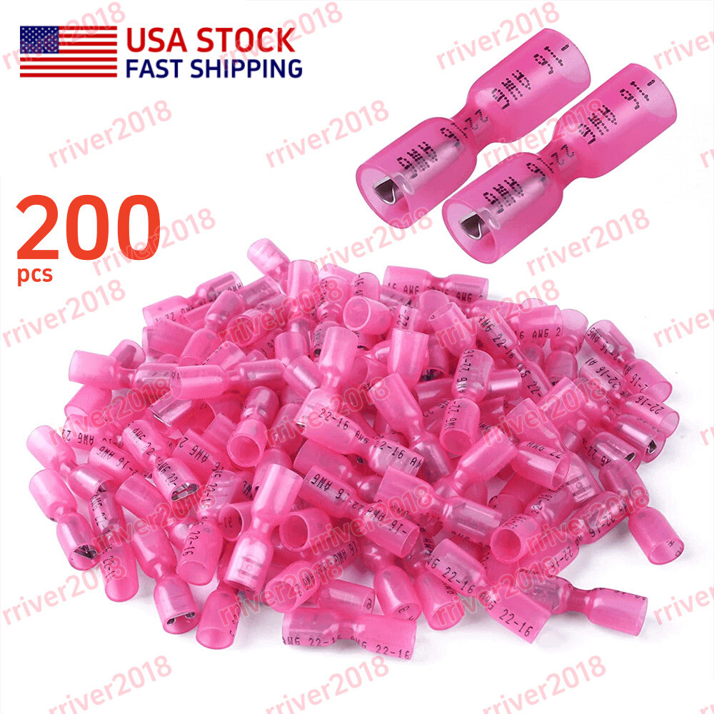200X Red AWG22-16 Heat Shrink Marine Grade Female Spade Wire Connector Terminals