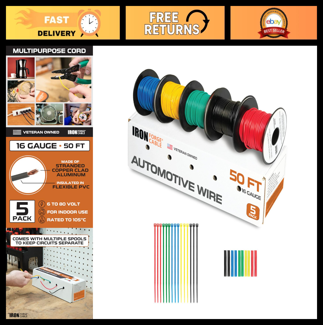 250ft 16 Gauge Wire Assortment Pack – 5 Rolls Automotive Wiring Kit with Box
