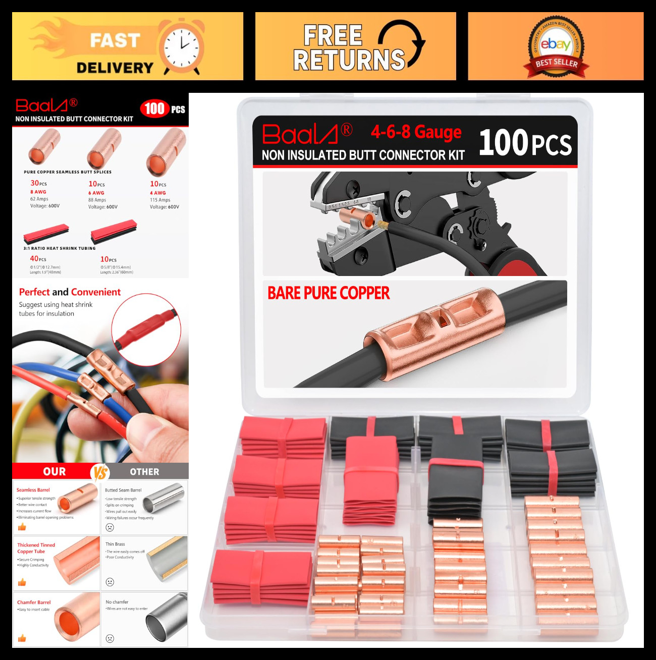 100 PCS Non-Insulated Butt Connectors Kit with Heat Shrink Tubing – 4/6/8 AWG Co