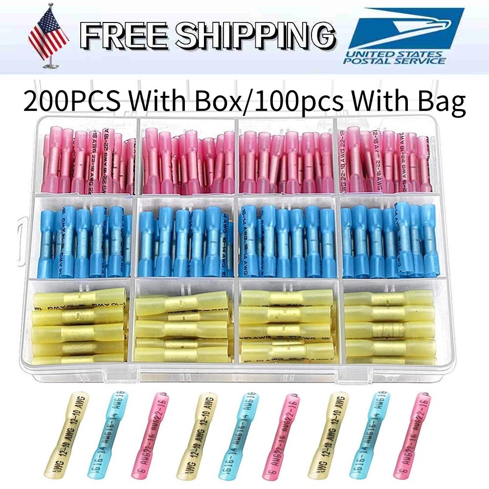 100/200PCS Heat Shrink Butt Wire Splice Connectors Seal Crimp Terminals USA