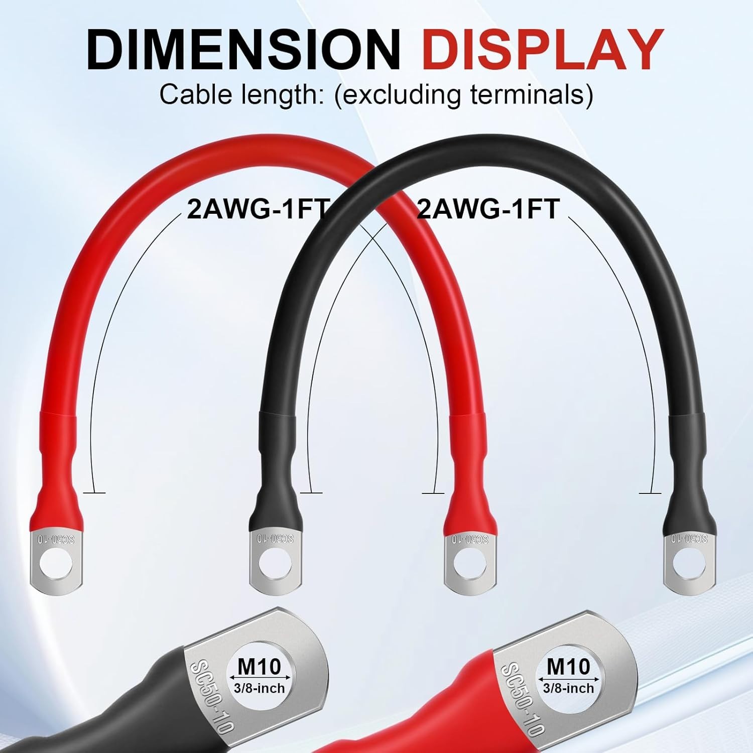 2AWG 1FT Heavy-Duty Battery Cable Set 1 Positive Negative M10 Large Terminals