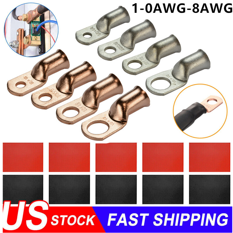 20PCS 1/0-8 AWG Gauge Copper Lugs W/ BLACK & RED Heat Shrink Ring Wire Terminals