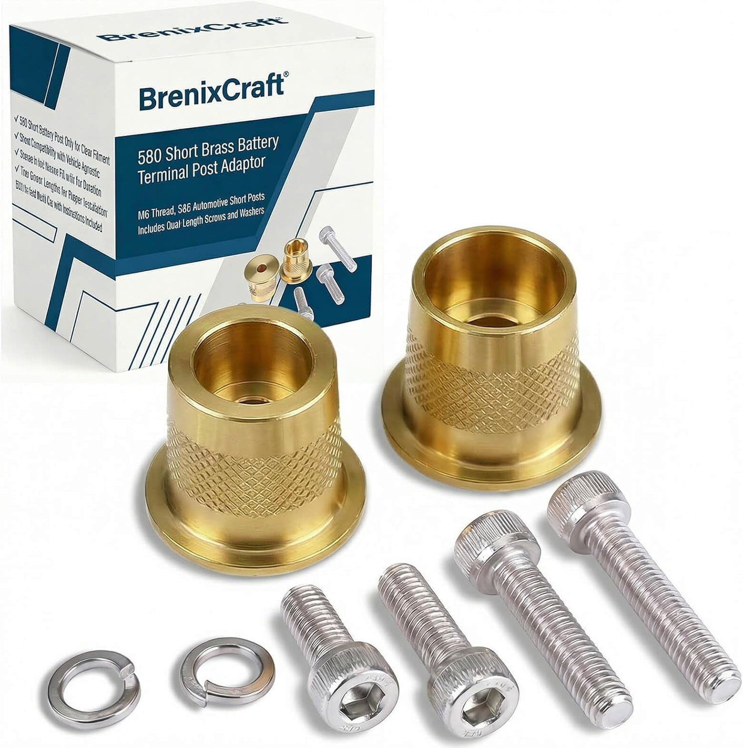 580 Short Brass Battery Terminal Post Adaptor Kit, M6 Thread, SAE Automotive Sho