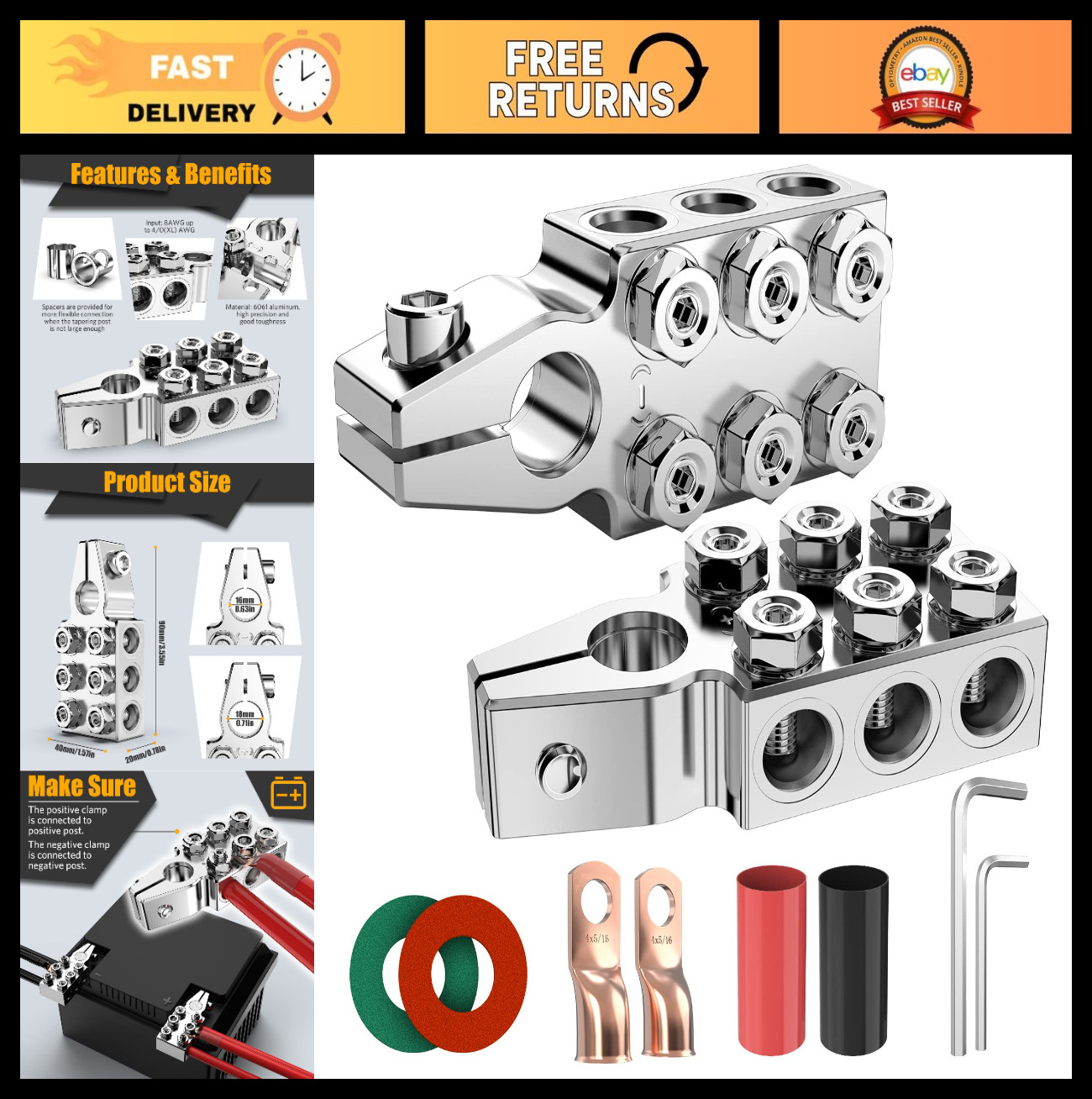 12-Way Battery Terminal Connectors Clamps, Top Post 8AWG to 4/0 AWG, Positive &