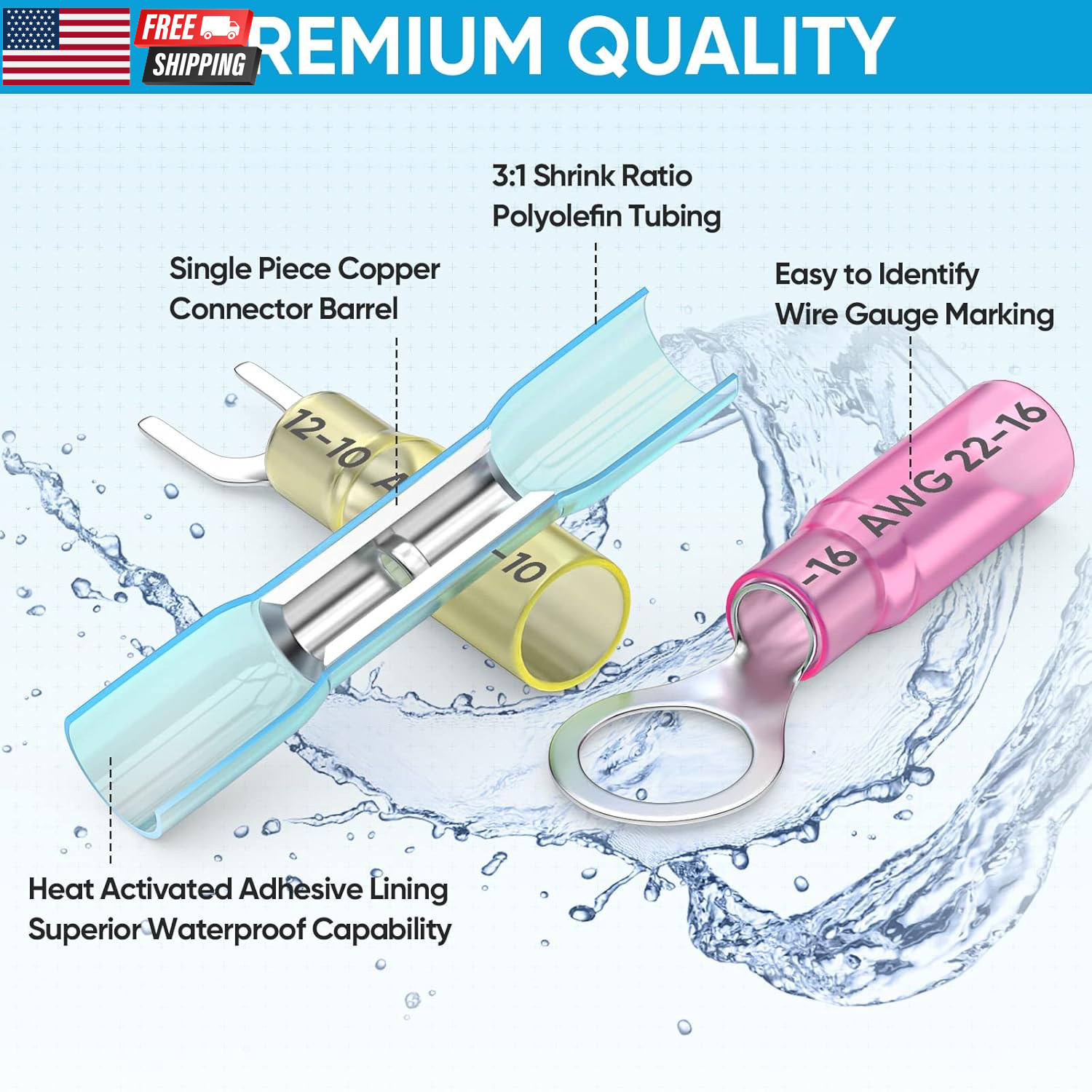 250Pcs Heat Shrink Wire Connectors, Waterproof Automotive Marine Electrical Term