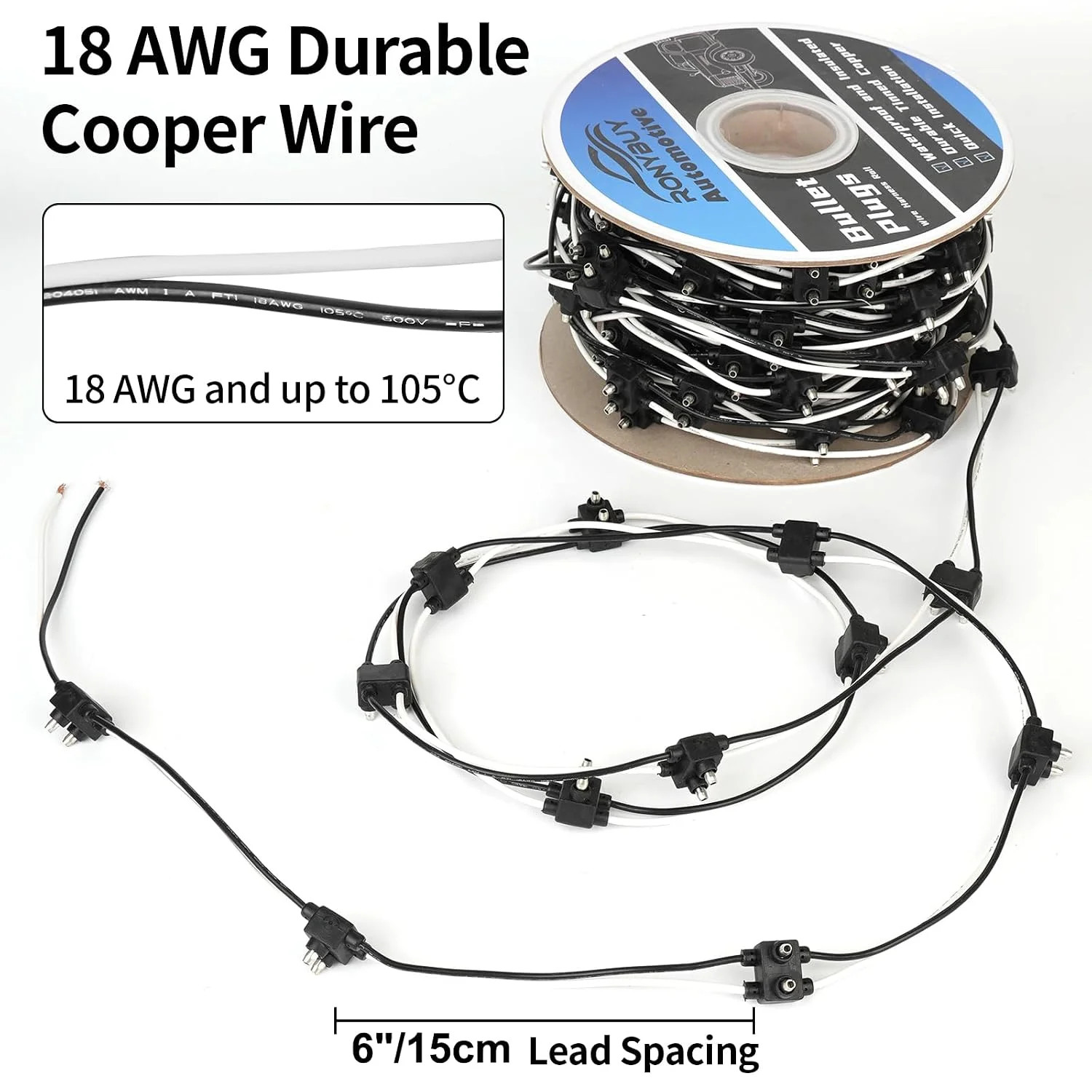 20x 2 Wire Pigtail Double Male Bullet Plugs Roll, 18 Gauge 2 Prong Wire Harness