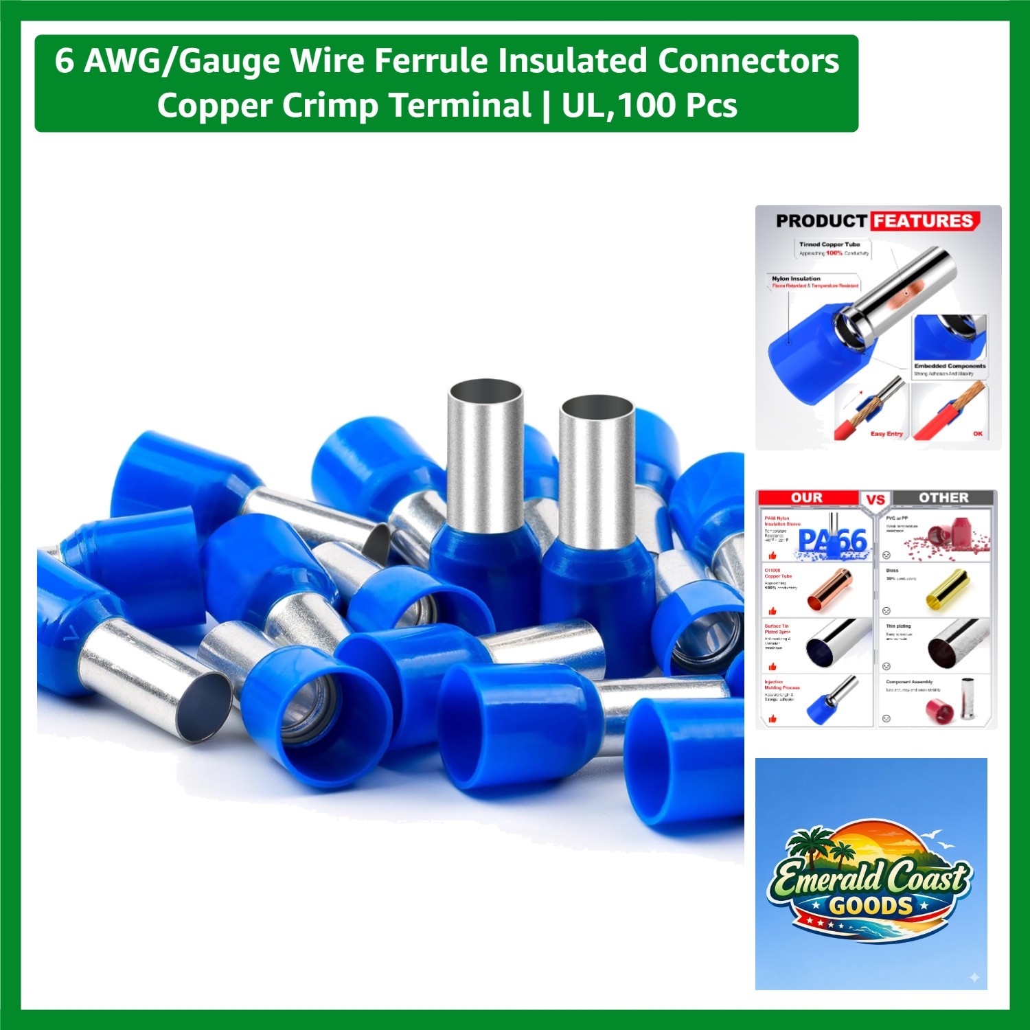 6 AWG/Gauge Wire Ferrule Insulated Connectors Copper Crimp Terminal | ,100 Pcs
