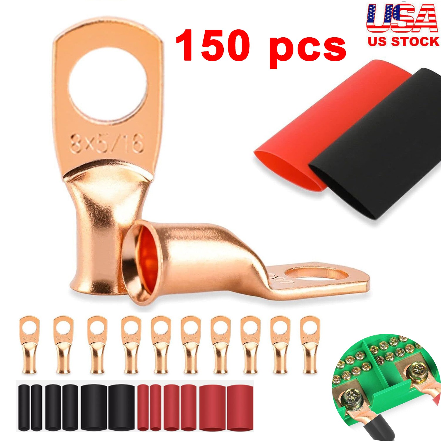 150pcs Copper Wire Lugs Battery Cable Ends Terminal Connectors Assortment Kit US