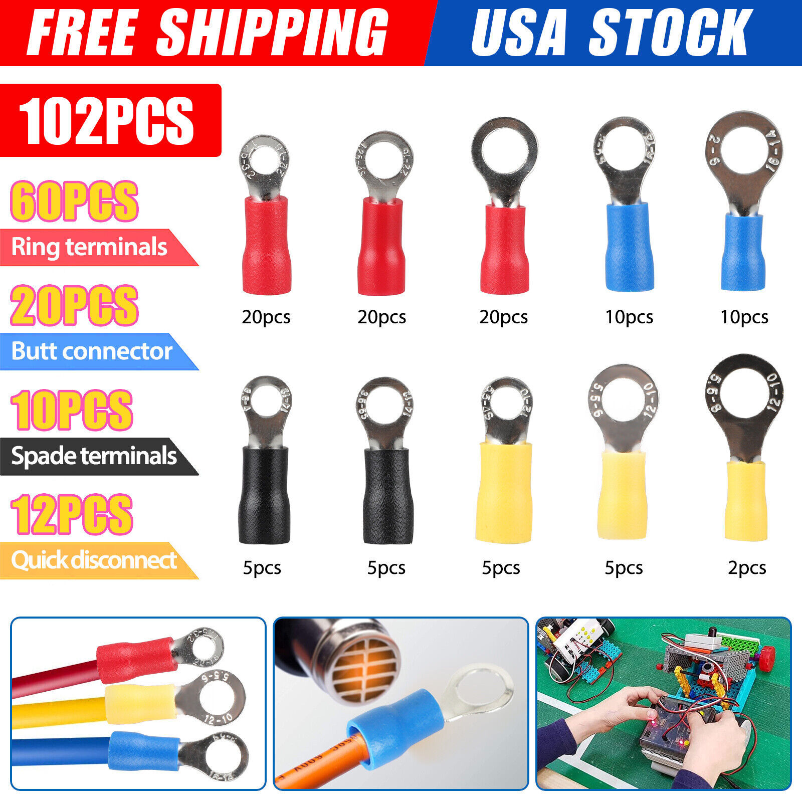 102PCS Insulated Electrical Wire Splice Terminal Spade/Crimp/Ring Connector Kit
