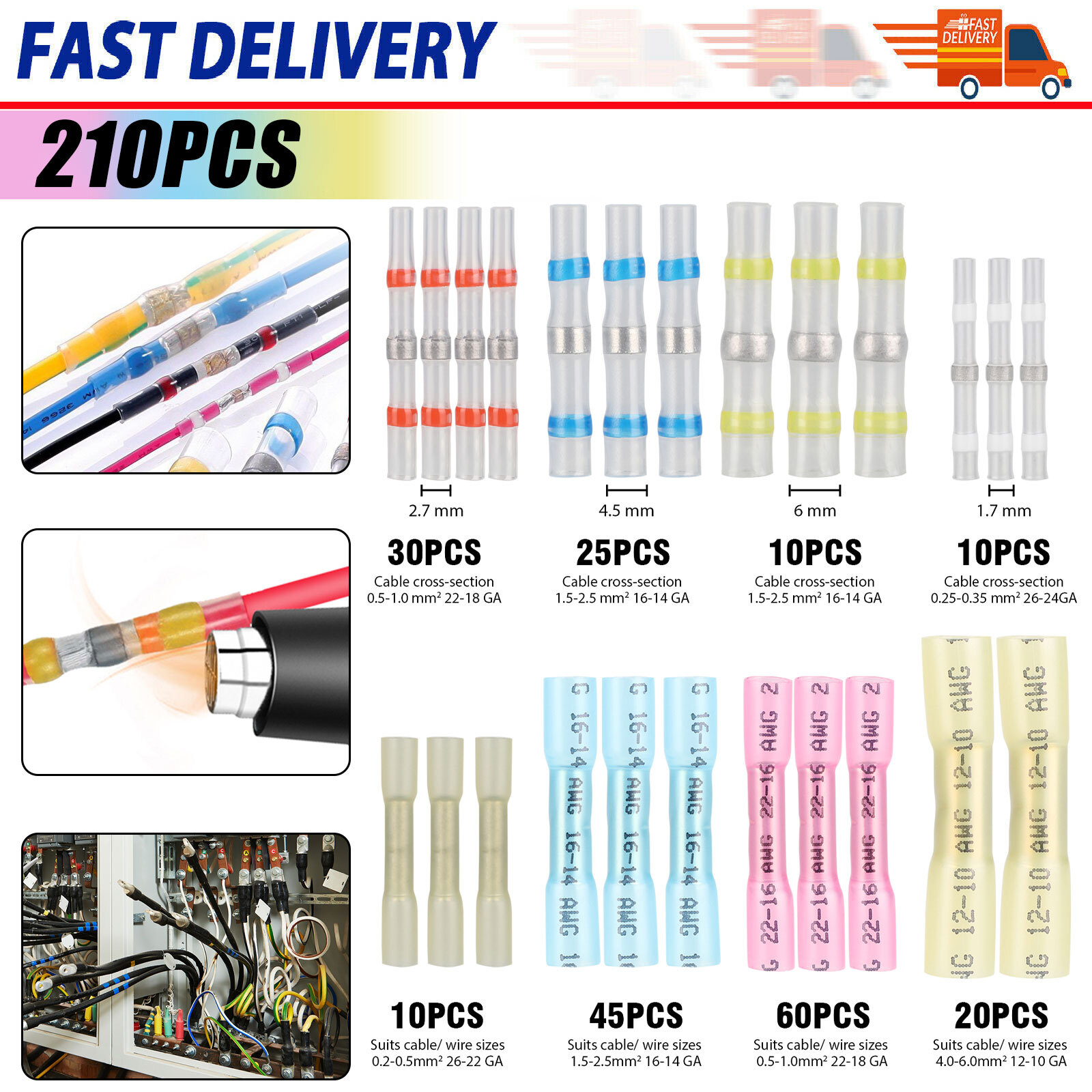 210Pcs Waterproof Heat Shrink Butt Terminals Solder Seal Sleeve Wire Connector