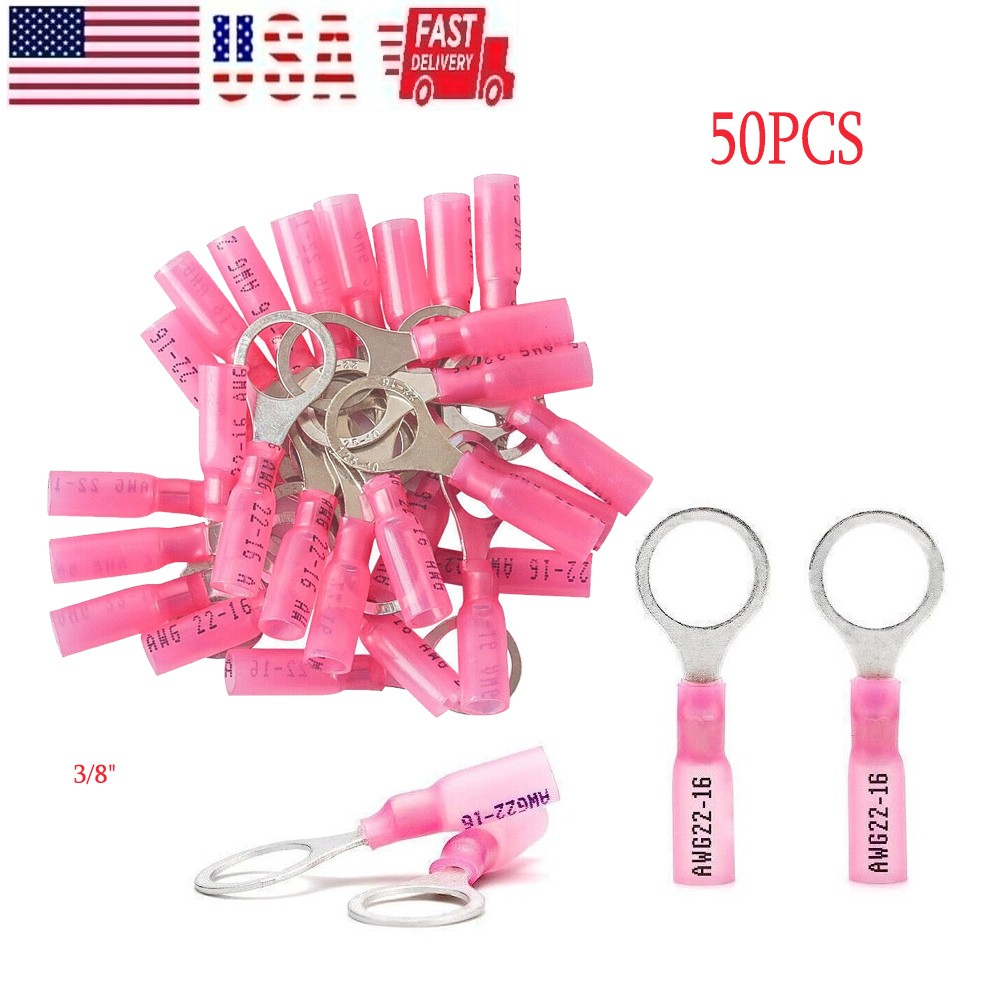 Red Heat Shrink Marine Grade 3/8″ Ring Crimp Connector Terminals 22-16 AWG 50PCS