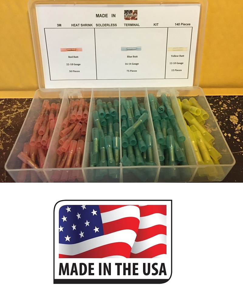 (140) 3M HEAT SHRINK BUTT CRIMP CONNECTOR KIT 10 GA. TO 22 GA. MADE IN USA