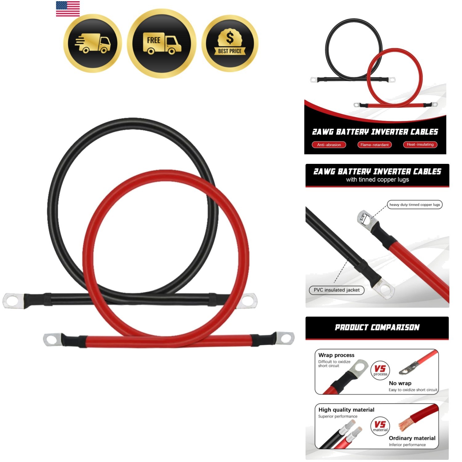 2 AWG Battery Cable 2AWG Gauge Pure Copper Battery Inverter Cables with 3/8 i…