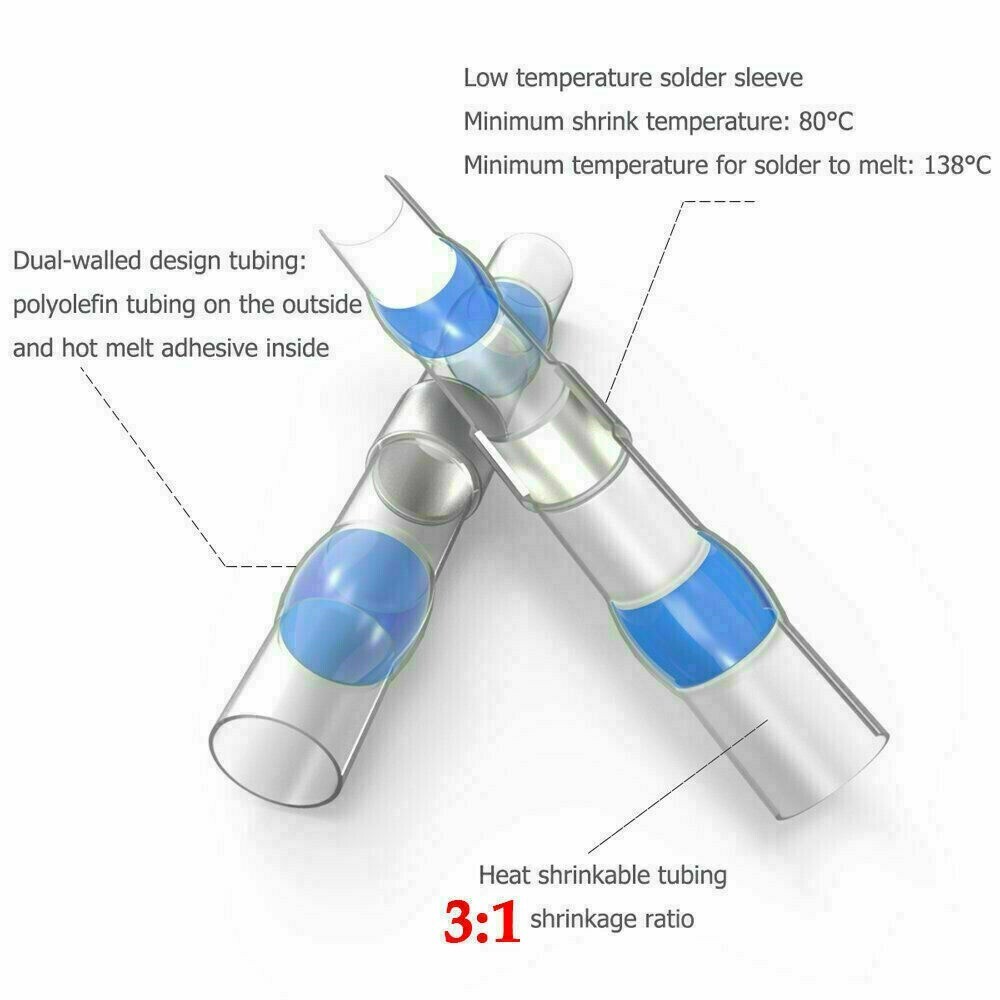 250Pcs Waterproof Solder Seal Sleeve Heat Shrink Butt Wire Connectors Terminals