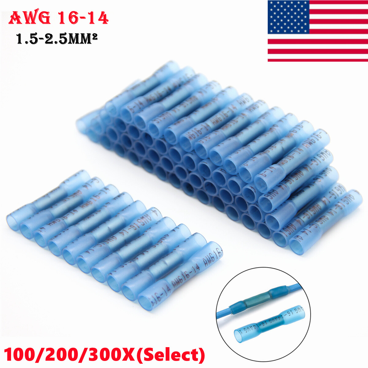 300Pcs Blue Heat Shrink Butt Wire Connectors Crimp Terminals AWG 16-14 Gauge US