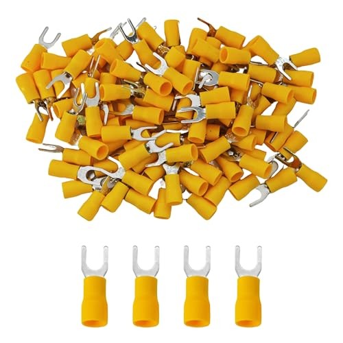 100PCS Insulated Fork Spade Wire Connectors, Yellow U-Type Electrical 12-10 AWG